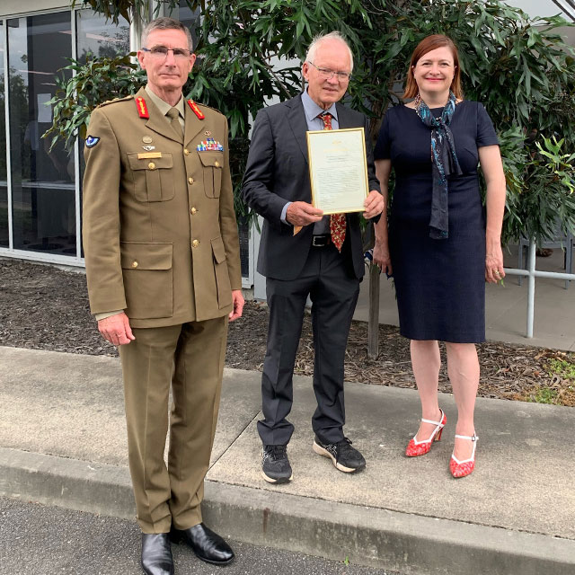 Prof Richard Morgan, Defence Force Chief General Angus Campbell and Chief Defence Scientist Professor Tanya Monro