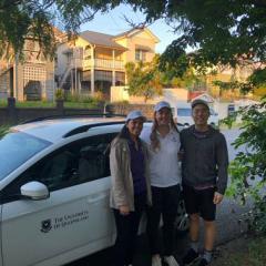 UQ Women in Engineering ambassador Matilda Meppem (middle) with Engineers without Borders presenters Aira Fabello and Tom Kim, ready to leave for the UQ Regional Roadshow. 